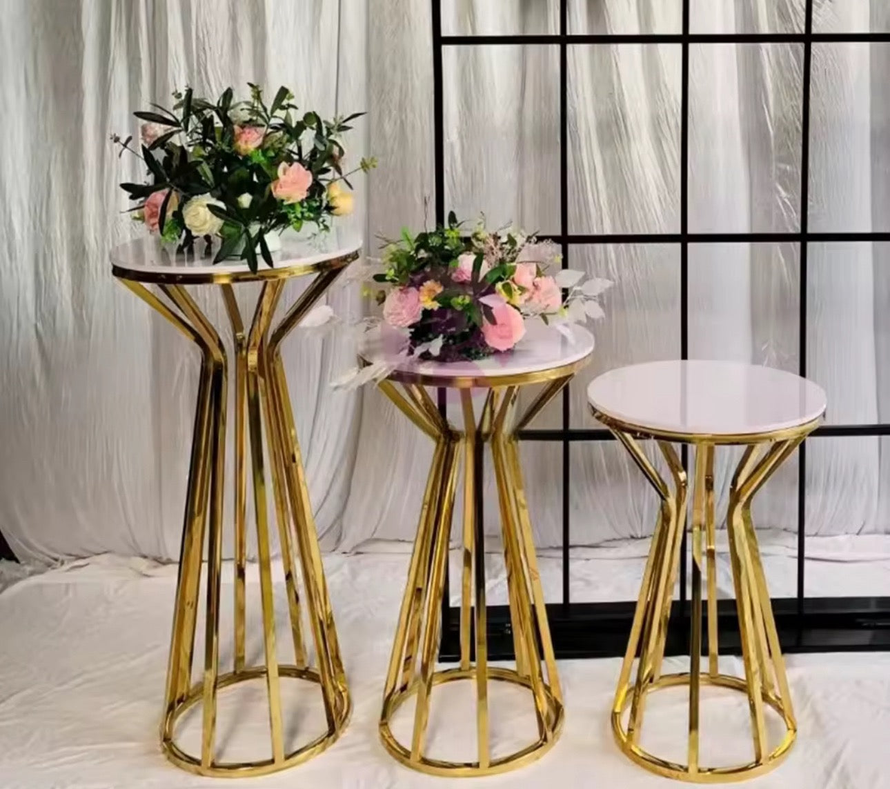 3pc Set White Clear Black Top Gold Cinderella Stand Pedestal Set