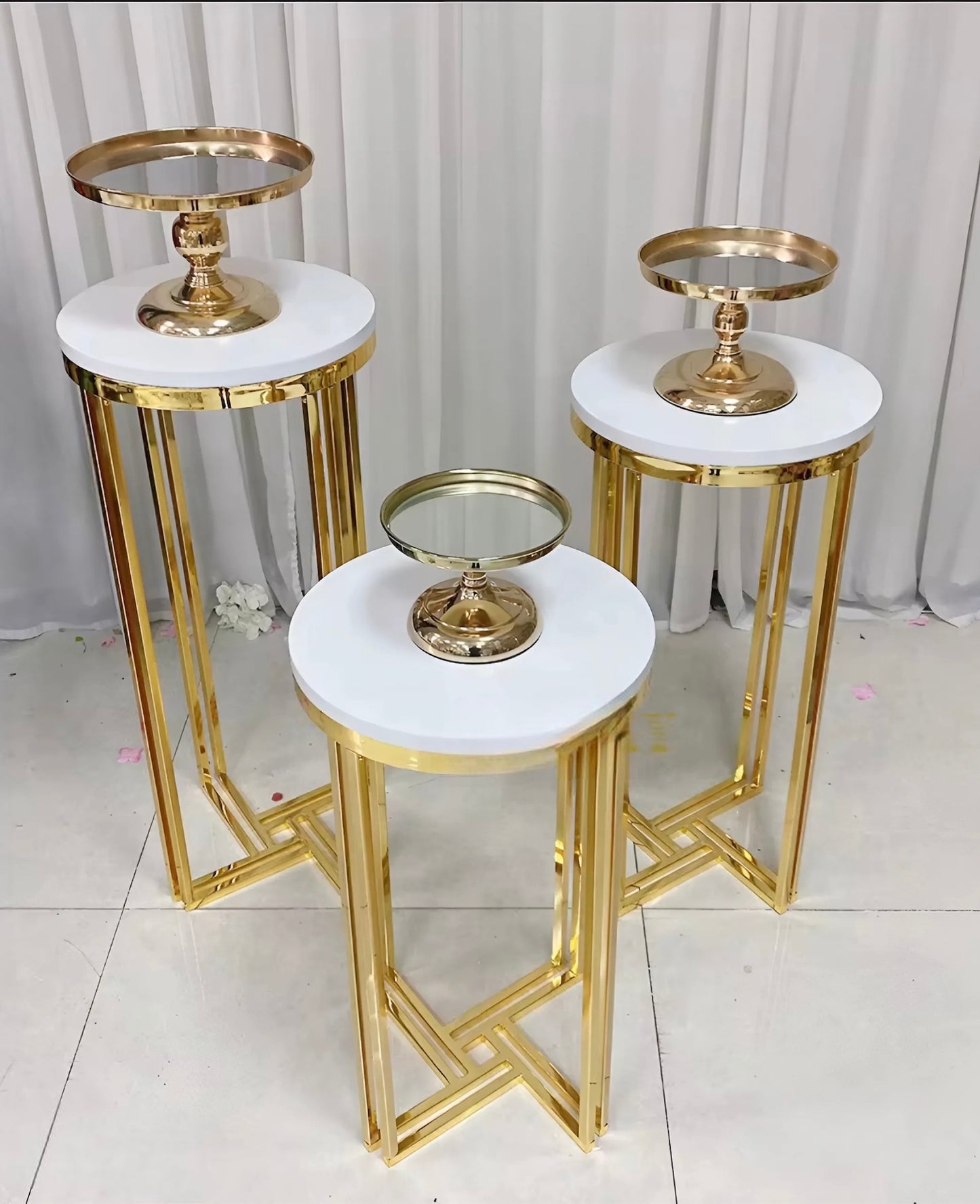 3pc Set  Gold & White Top Pedestals