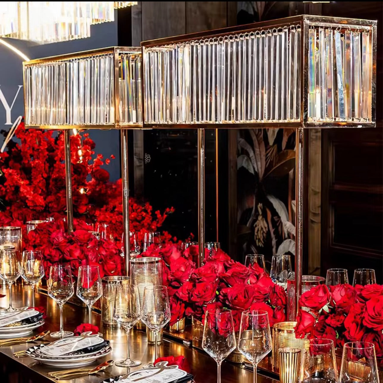 Square Table Flower Stand Crystal Decorative Gold