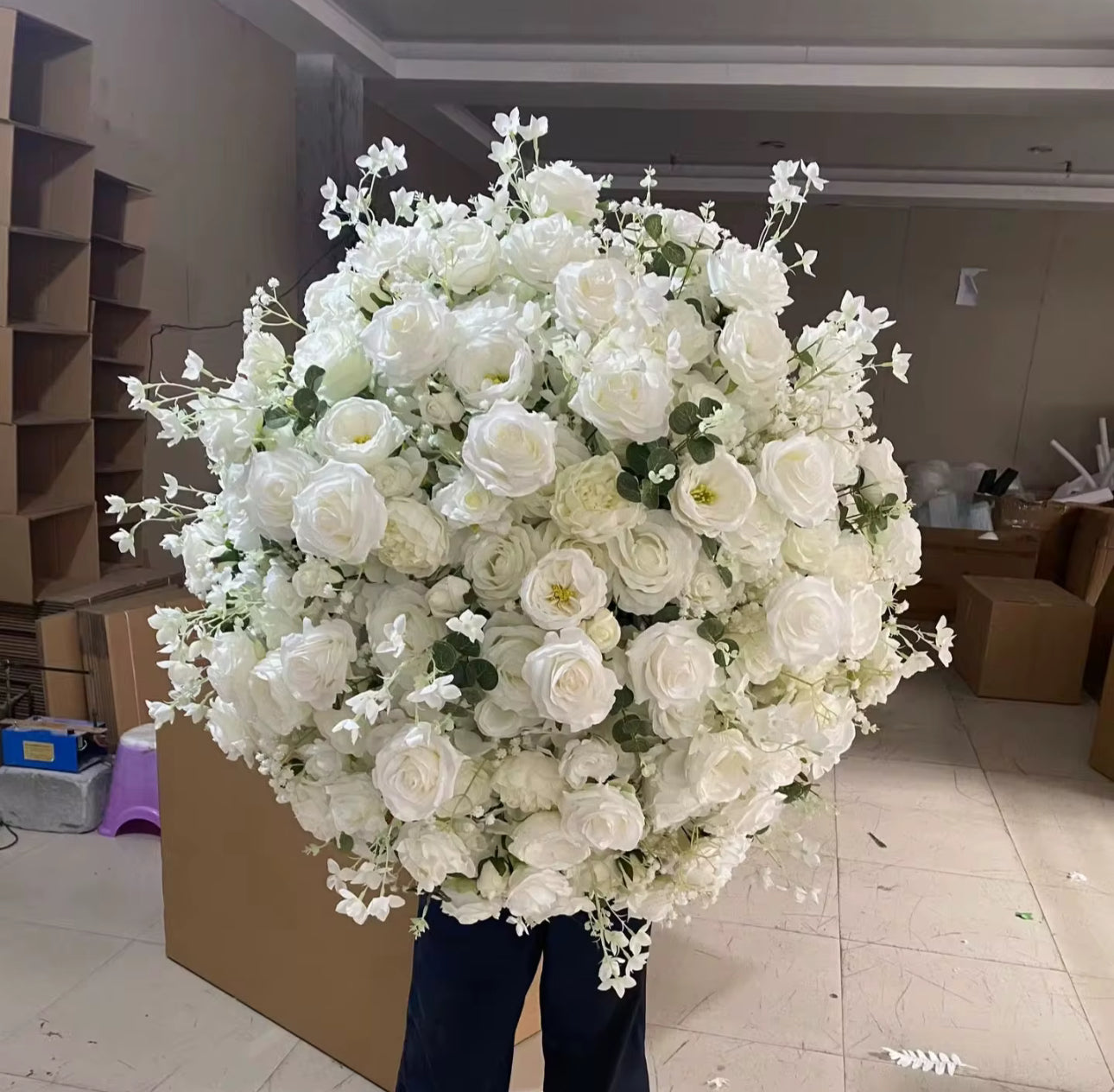 Multiple Size Floral Balls Ivory White Greenery